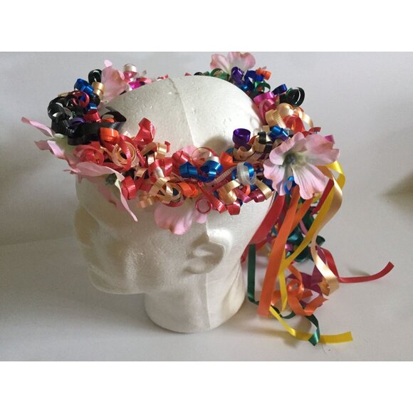 Flower Crown with Pink and Green Flowers Halo Boho Multi Colored Ribbons Flower main image 6